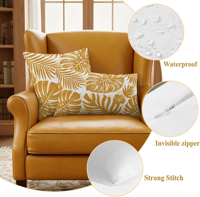 Vintage Yellow Palm Leaves Outdoor Pillow Covers 16"x16" Set of 2, Tropical Botanical Minimalist Modern Waterproof Throw Pillow Covers for Patio Furniture, Decorative Cushion Covers for Porch