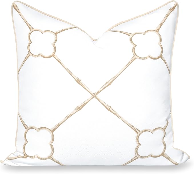 Hofdeco Premium Coastal Hampton Patio Indoor Outdoor Throw Pillow Cover Only, 22"x22" Water Repellent for Backyard, Couch, Poolside, Neutral Tan Beige Print Bamboo Trellis
