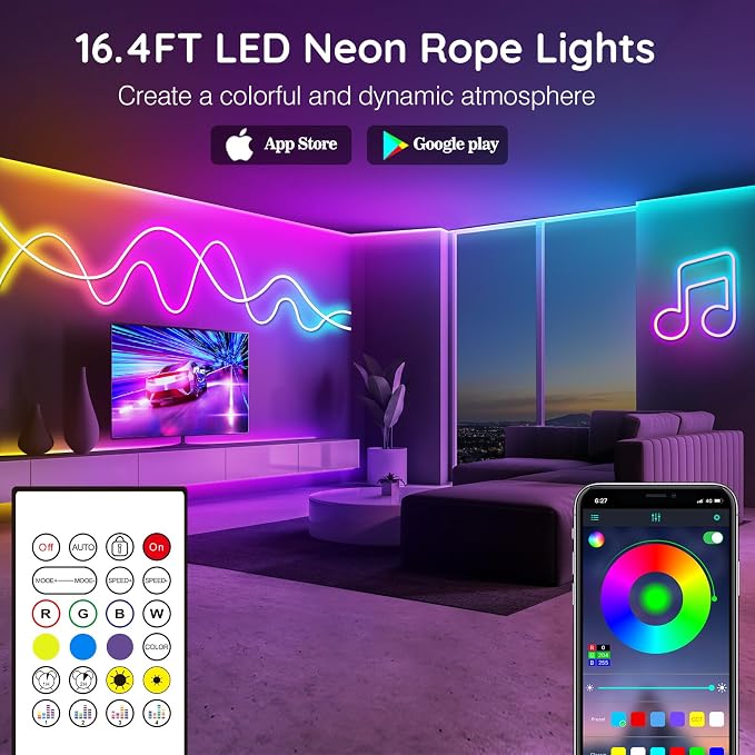 RCUICA 16.4FT LED Neon Rope Lights Waterproof with Smart App Control Remote,DIY Scene Modes,Music Sync hronization,Eaves Lights for Garden Decor,Deck,Christmas