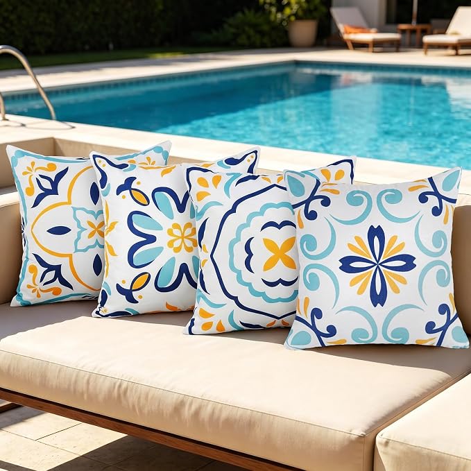 Merrycolor Summer Outdoor Waterproof Throw Pillow Covers 18x18Inch Set of 4 Boho Farmhouse Coastal Decorative Pillowcases Print Flowers Accent Cushion Covers for Couch Patio Swing and Garden Sofa