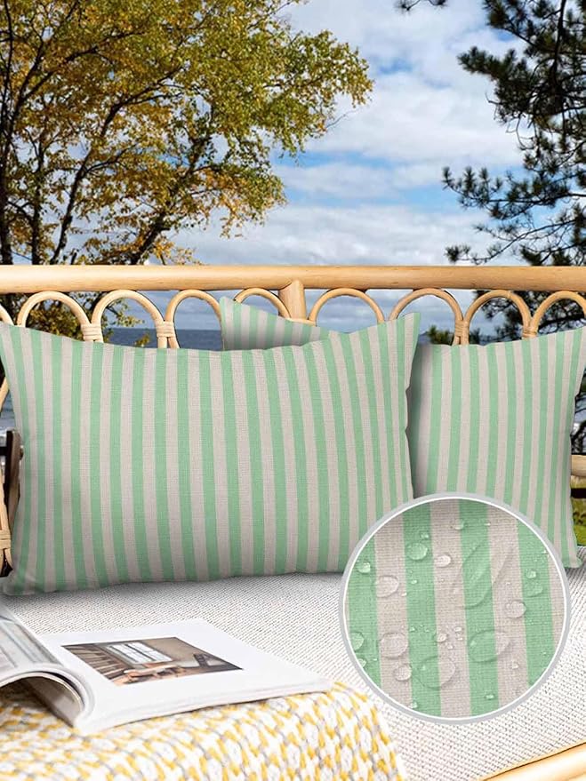 Outdoor Waterproof Throw Pillow Covers Set of 2 Green Stripes Lumbar Pillowcases 20x12 Inches Linen Classic Vertical Striped Patio Decorative Pillows Cushion Case Patio Pillows for Couch Bed Garden