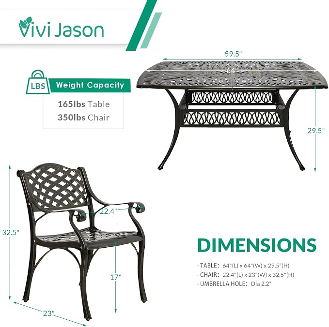 VIVIJASON 9-Piece Outdoor Dining Set, Cast Aluminum Retro Patio Furniture Table and Chairs Set for 8, Include Large 64" Square Dining Table and 8 Chairs with Umbrella Hole for Deck Porch