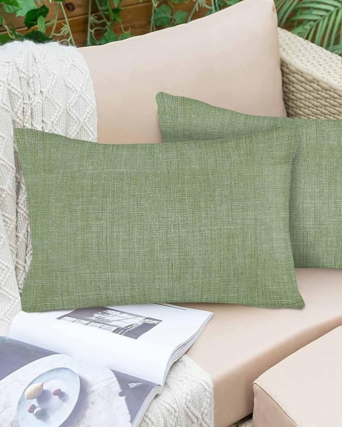 Vandarllin Outdoor Throw Pillows Covers 20x12 inch Set of 2 Waterproof Sage Green Linen Decorative Zippered Cushion Covers for Patio Furniture, Farmhouse Pure Color Lumbar Pillowcases