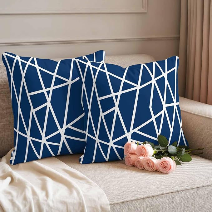 Outdoor Pillow Covers Waterproof, Nave Blue Geometric Decorative Square Throw Pillowcases Patio Cushion Covers for Tent/Garden, 16" x 16" 2 Pack, Abstract Stripes Modern Minimalist