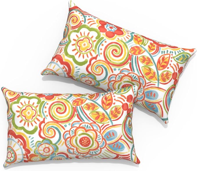 Outdoor Lumbar Pillows 12x20 inch, Rectangle Throw Pillows with Inserts, Decorative Lumbar Cushions for Patio Furniture Garden Couch Home Sofa Office Chair, Pack of 2, Flower Multi