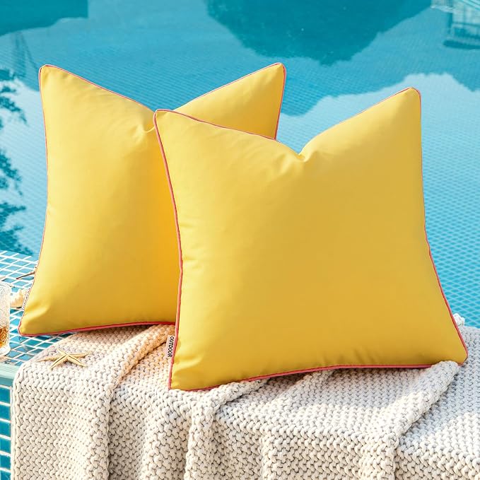 MIULEE Outdoor Waterproof Pillow Covers 18x18 Yellow-Coral Red Pack of 2 | Decorative Farmhouse Throw Pillow Covers with Piping,Square Solid Color,Patio Furniture,Summer Couch Tent Sofa Living Room