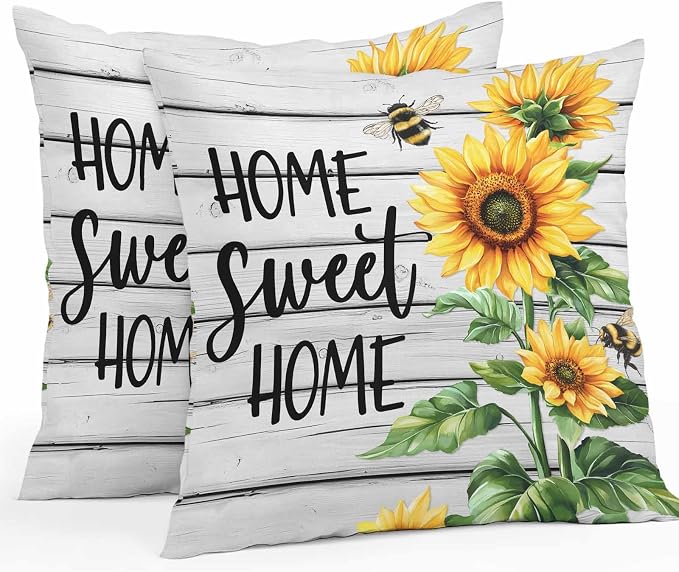Throw Pillow Covers 24x24 Inch Set of 2, Yellow Sunflower Waterproof Outdoor Pillow Covers, Bee Wooden Grain Country Farmhouse Decorative Cushion Pillowcases for Couch, Sofa, Bed, Garden, Patio