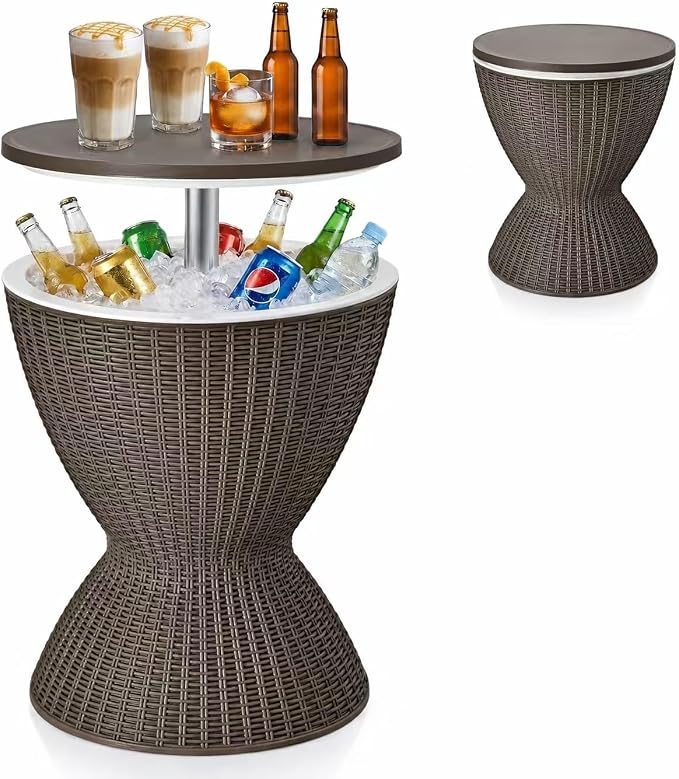 LDAILY Outdoor Cooler Table, Patio Cooler Table with 8 Gallon Capacity, Adjustable Height, Rattan Style Patio, Drain Plug, Cooler Side Table Outdoor for Poolside, Deck, BBQ & Parties(Light Brown)