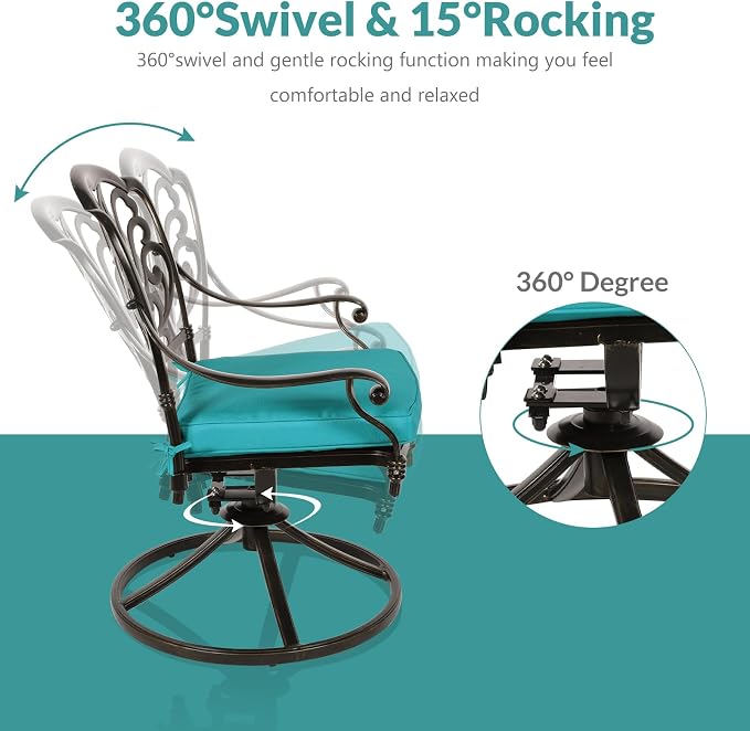 MEETWARM 7-Piece Outdoor Patio Dining Set, All-Weather Cast Aluminum Patio Conversation Set for Backyard Garden Deck with 6 Cushioned Swivel Rocker Chairs, 1 Rectangular Table, Ocean Blue