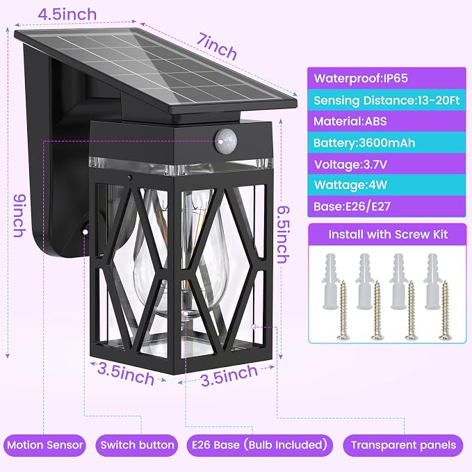 2 Pack Solar Porch Lights Outdoor with Dusk-to-Dawn Motion Sensor | 200LM RGB Lighting, E26 Bulb, 10 Color Modes (RGB Cycle / Fixed), IP65 Waterproof for Front Porch, Garage, Patio, Decorative