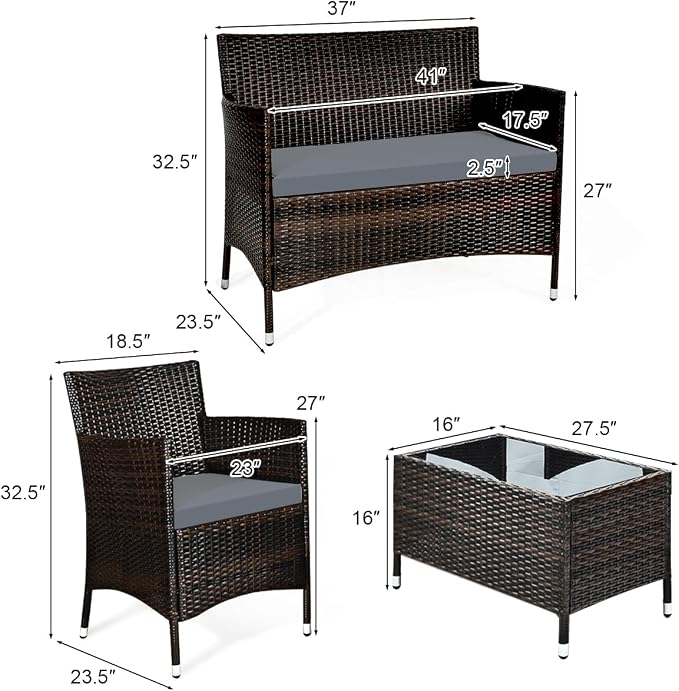 HAPPYGRILL 4 Pieces Patio Sofa Set Rattan Wicker Furniture Patio Conversation Set with Cushioned Sofa and Coffee Table for Outdoor Backyard Garden Poolside
