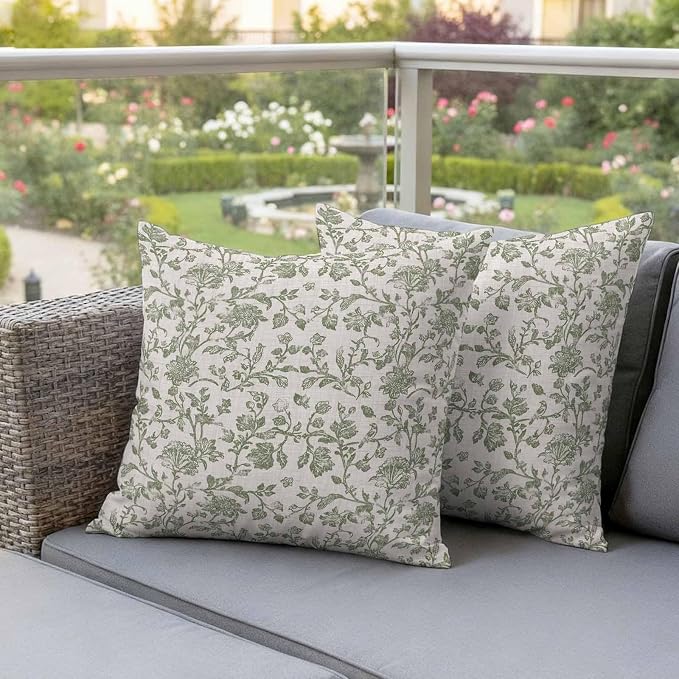 Pastoral Flowers Outdoor Pillow Covers 26"x26" Set of 2, Green Flower Vintage Linen Texture Waterproof Throw Pillow Covers for Patio Furniture, Decorative Cushion Covers for Porch