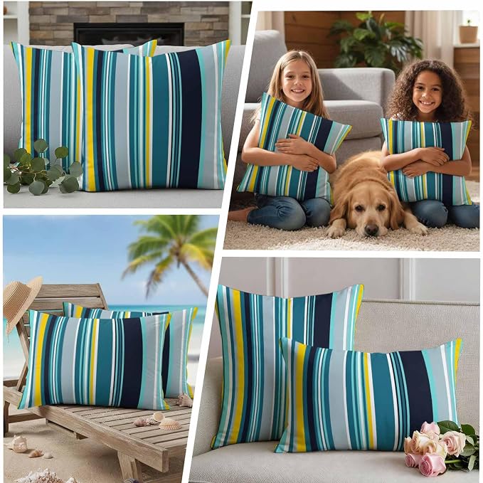 Teal Yellow Stripes Outdoor Pillow Covers Set of 2 Lines Art Waterproof Throw Pillow Cover Decorative Cushion Cases for Patio Porch Garden 20X12 Inch