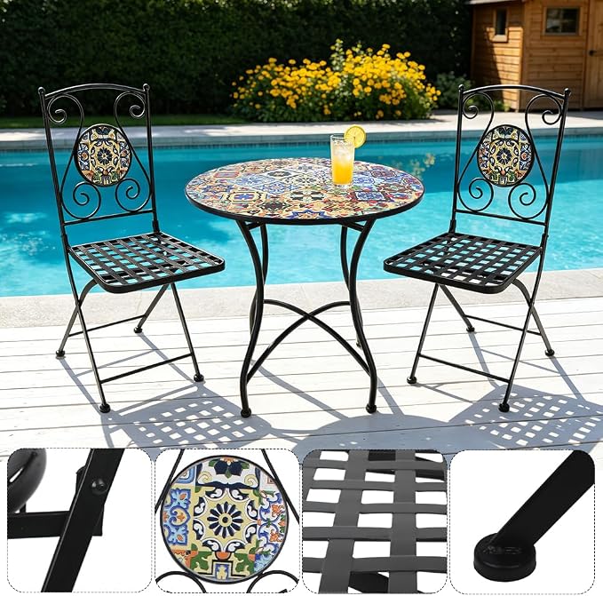 Folding Patio Chairs Set of 2 Mosaic Bistro Chair Outdoor Seating | Garden Patio Furniture Seating Heavy Duty Metal Frame Dining Chairs for Lawn Yard Balcony Porch Backyard Poolside