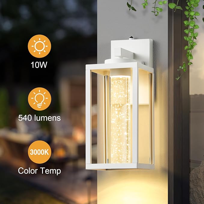 VIANIS White Porch Lights Outdoor, Large Exterior Sconce Lighting for House with Integrated 10W LED Light Source, 100% Aluminum Exterior Light Fixture Wall Mount for Garage with Crystal Bubble Glass