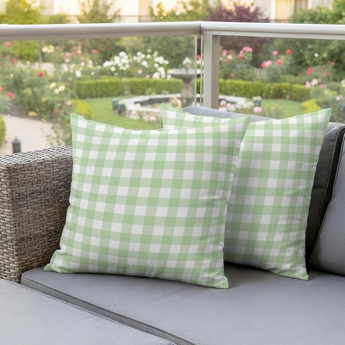 Mint Green Checks Outdoor Pillow Covers 16"x16" Set of 2, Gingham Plaid Abstract Modern Minimalist Waterproof Throw Pillow Covers for Patio Furniture, Decorative Cushion Covers for Porch