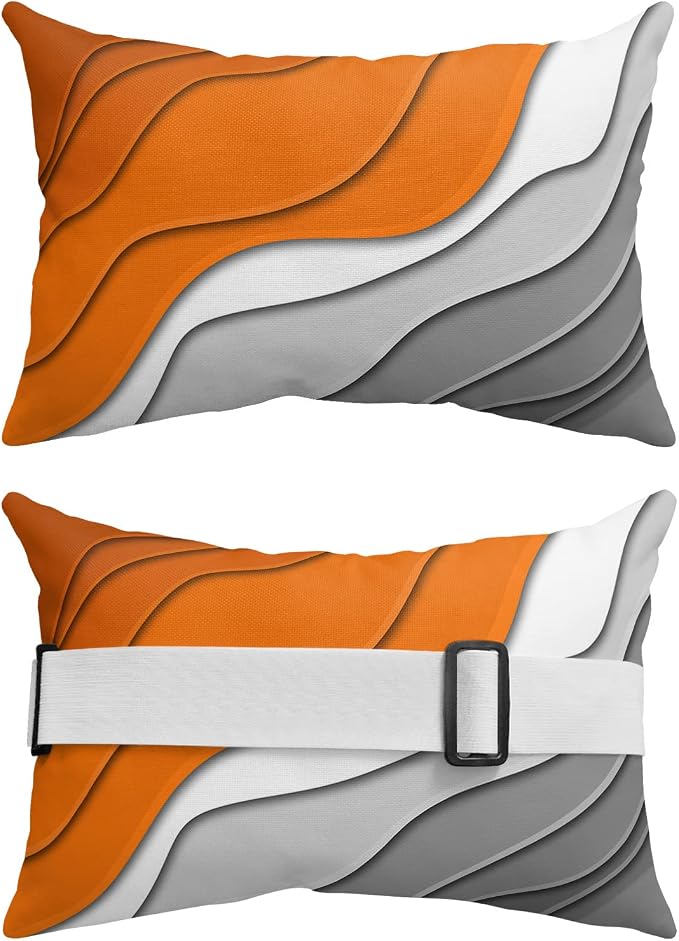 Geometric Ombre Lounge Pillows Outdoor, Aesthetic Orange Grey White Gradient Abstract Head Pillows, Modern Waterproof Patio Furniture Lumbar Pillows with Adjustable Elastic Strap for Recliner Beach
