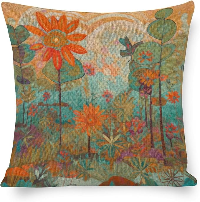 Pillowcover Oil Painting Colorful Garden Flowers Cushion Pillow Cover 20"x20" Farmhouse Flower Linen Cushion Case Outdoor Home Decoration Pillow Case Farmhouse Rustic Cushion Case for Sofa Couch