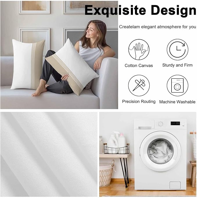 Lumbar Pillow Covers 20x12 Inch Set of 2, Beige White Striped Waterproof Outdoor Cushion Covers, Modern Abstract Art Aesthetics Decorative Pillowcases for Couch, Sofa, Bed, Garden, Patio