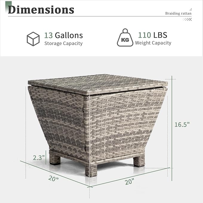 Ochine Outdoor Wicker Storage Side Table, Outdoor Wicker Side Table with Storage, Patio Brown PE Rattan End Table with Storage, Square Container for Furniture Covers, Gardening Tools, etc