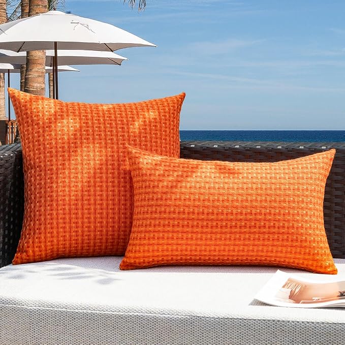 Kevin Textile Outdoor Waterproof 20"x20" Pillow Covers 2 Pack, Orange | Water Resistant Weaving Faux Linen Texture Throw Pillow Covers, Outside Decorative Pillowcases for Garden Patio Balcony Couch