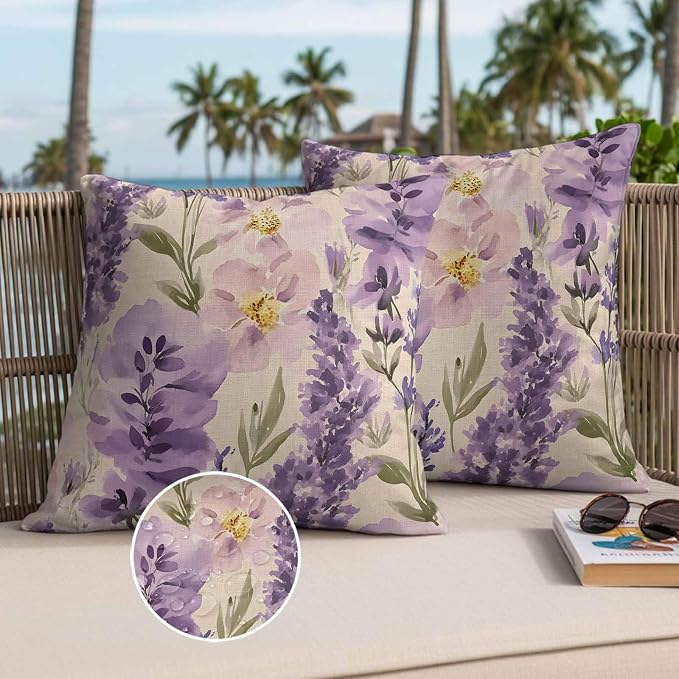 Spring Flowers Outdoor Waterproof Throw Pillow Covers Set of 2, 24"x24", Lavender Leaf Purple Floral Vintage Decorative Pillow Covers Outside Cushion Case for Patio Porch Garden