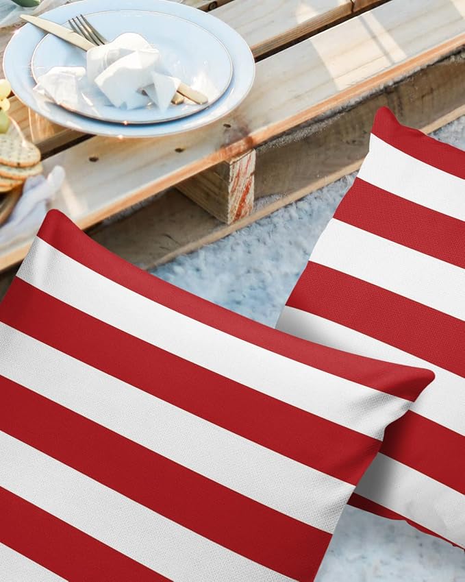 Outdoor Pillows Christmas Stripes Red Waterproof Outdoor Pillow Covers Geometric Red White Polyester Throw Pillow Covers Garden Cushion Decorative Case for Patio Couch Decoration Set of 2