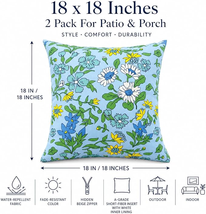 Outdoor/Indoor Decorative Throw Pillows 18×18 Inch | Pack of 2 Waterproof Decorative Throw Pillows with Inserts, Square Pillows for Bed, Couch, Sofa and Patio Furniture