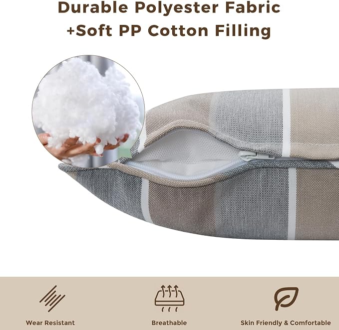 Lumbar Pillow with Insert, Set of 2, Outdoor Indoor Waterproof Decorative Patio Lumbar Pillow 12x20 Inch, Rectangular Cushion for Couch Sofa Garden Farmhouse Decoration-Grey Stripe