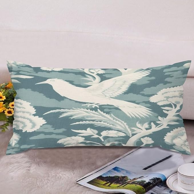Set of 2 Blue Turquoise and White Birds Plant Pillow Covers 12x24in Farmhouse Canvas Cushion Covers Outdoor for Couch Chair Home Decor for Family Friends