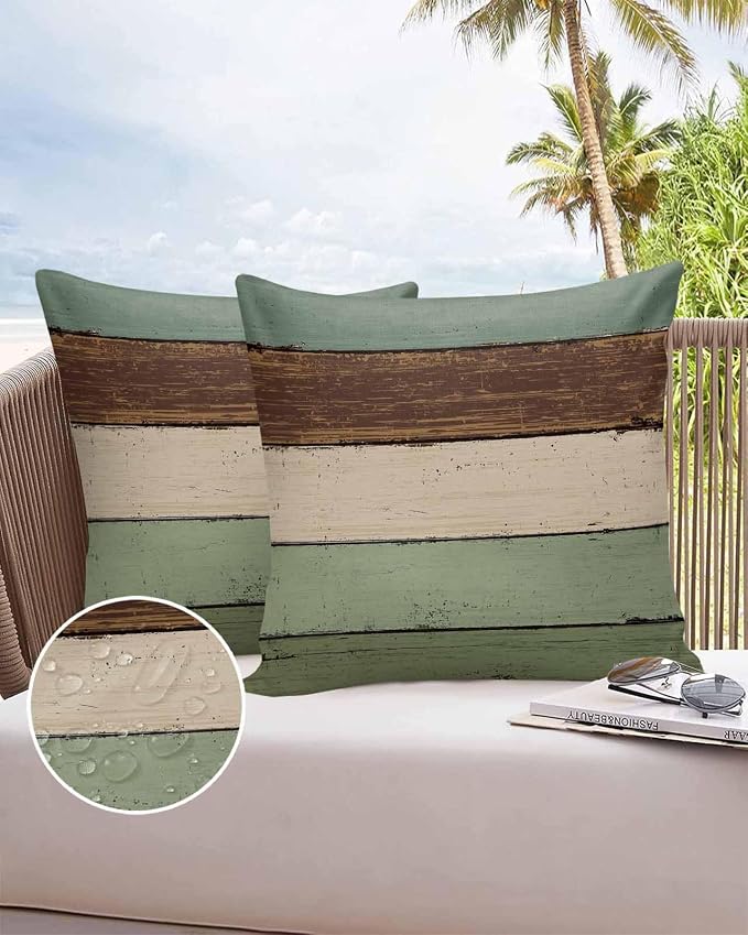 Vandarllin Outdoor Throw Pillow Covers 24X24 Set of 2 Waterproof Sage Green Brown Decorative Zippered Cushion Covers for Patio Furniture, Farmhouse Retro Rustic Barn Wood Texture Lumbar Pillowcases