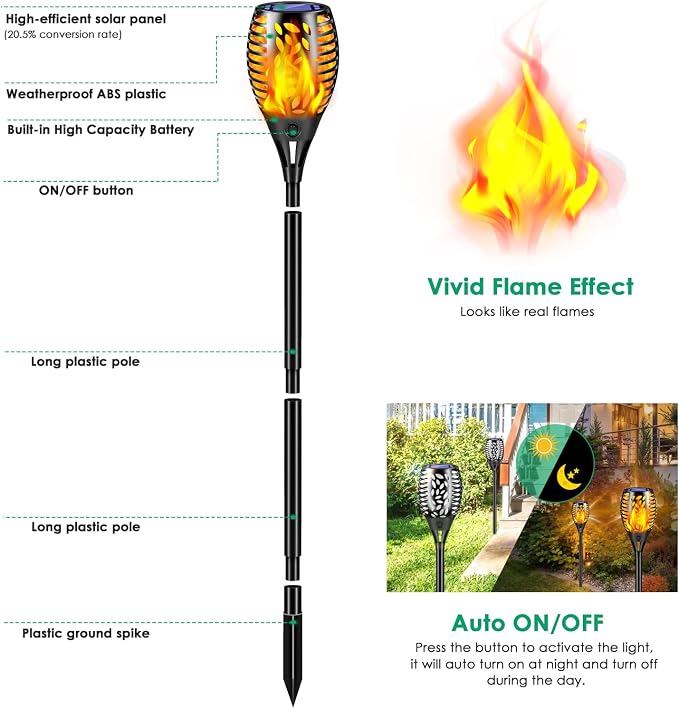 TomCare 8 Pack Solar Lights Outdoor Flickering Flame Solar Torch Lights | Realistic Flame Effect, Charges in 6-8 Hours, 10-12-Hour Runtime, IP65 Waterproof, Auto On/Off for Yard, Patio and Garden