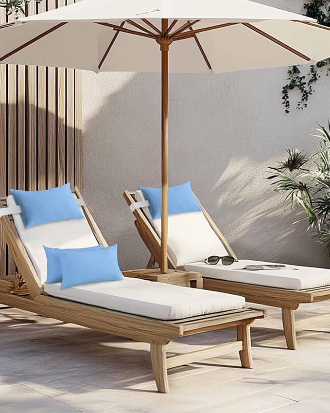 Outdoor Pillow for Lounge Chair with Strap & Insert SkyBlue Pattern Recliner Head Pillow Pure Colour Waterproof Headrest Patio Lumbar Pillows for Beach Pool Office Chaise Chair 12x20 Inch