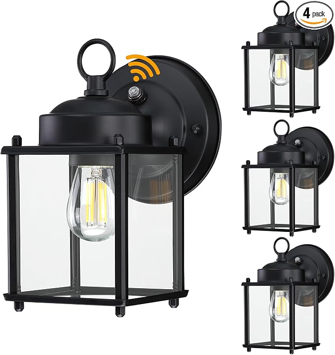 Outdoor Wall Light, Porch Lamp, Dusk to Dawn, Black | Exterior Wall Sconce Fixture for House, Garage, Patio, Rustproof Waterproof, Metal Housing with Glass, E26 Base, 4 Pack