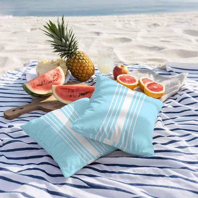 Aqua White Stripe Outdoor Pillow Covers 18x18 Inch Throw Pillow Covers Set of 2 Waterproof Decorative Pillow Cases Modern Rustic Vertical Striped Cushion Covers for Patio Furniture Garden Couch Sofa