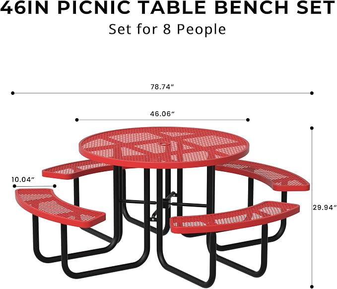 All-Weather Round Outdoor Picnic Table, Commercial Picnic Table Bench Set with Umbrella Hole, Thermoplastic Coated Metal Dining Tables for School, Stores, Park, Patio, Yard, Red