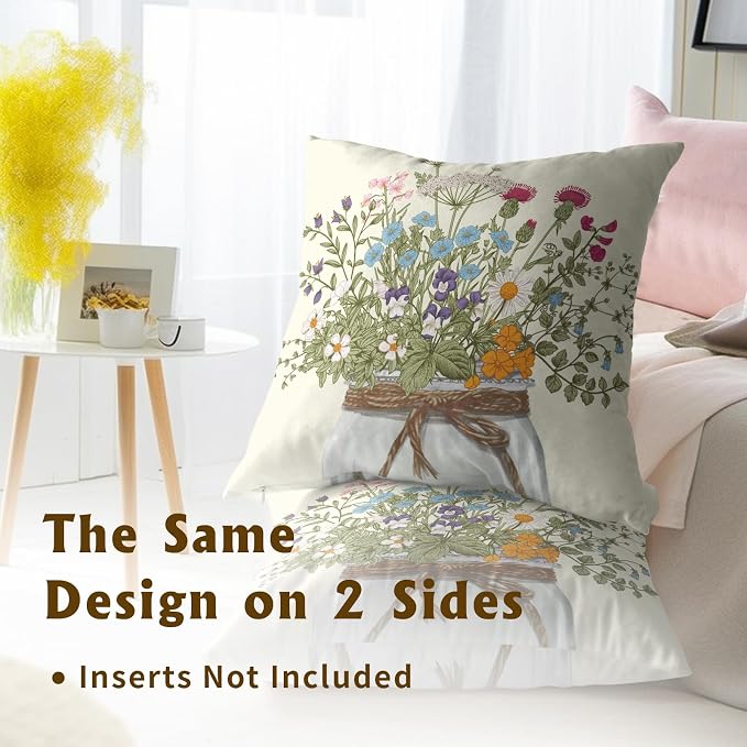 Wildflower Vase Throw Pillow Cover Set of 2, Floral Bouquet Summer Nature Flowers Cotton Linen Square Cushion Case for for Sofa Couch Bedroom Car Home Decor 20x20 Inch