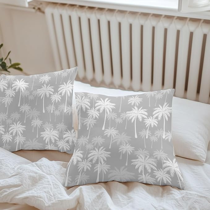 Throw Pillow Covers 26x26 Inch Set of 2, Tropical Palm Tree Waterproof Outdoor Pillow Covers, Gray White Plants Coastal Leaf Beach Decorative Cushion Pillowcases for Couch, Sofa, Bed, Garden, Patio