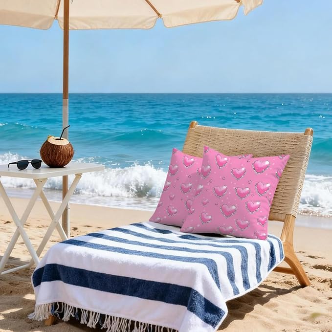 18x18 Inch Outdoor Pillow Covers Set of 2 Waterproof Throw Pillow Covers Decorative Couch Cushion Covers Pink Hearts with_ Diamonds Square Pillowcases Protectors for Patio Garden Sofa