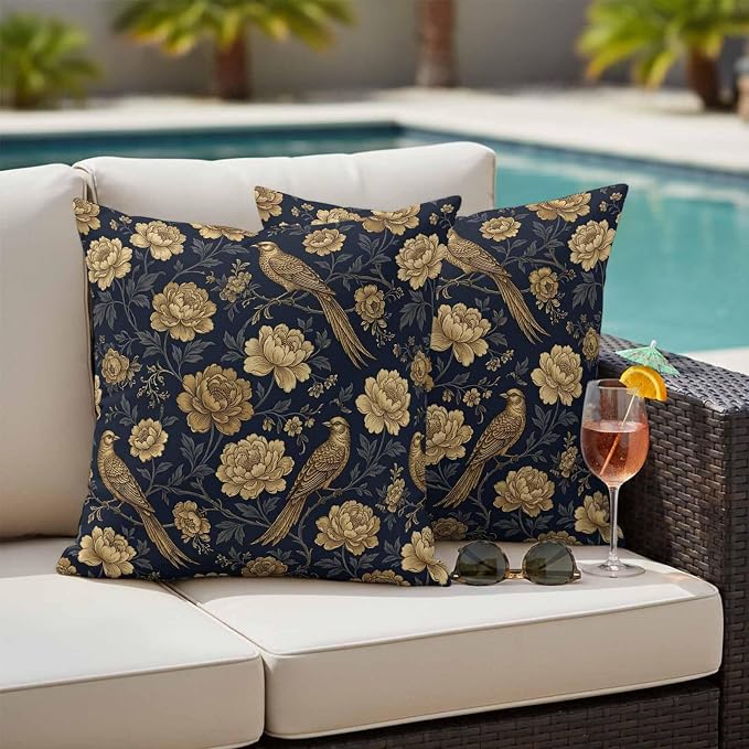 Vintage Gold Navy Blue Floral Outdoor Pillow Covers 20"x20" Set of 2, Bird Peony Flower Traditional Waterproof Throw Pillow Covers for Patio Furniture, Decorative Cushion Covers for Porch