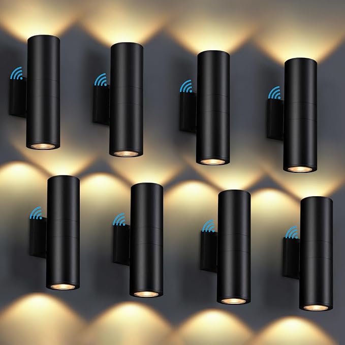 DAKAFUL Dusk to Dawn Outdoor Lighting Sensor Wall Lights 8 Packs, 12W 2700K Integrated LED Cylinder Up Down Lights Outdoor, IP65 Waterproof Aluminum Wall Sconce Exterior Wall Light for Porch Patio.