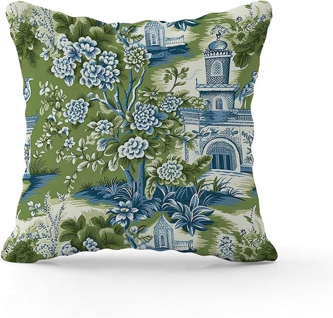 Pagoda Garden Imperial Green Chinoiserie Outdoor Throw Pillow Covers Asian Peacock Floral Waterproof Throw Pillowcase 24x24 in Rustic Accent Throw Pillow Covers for Patio Furniture Tent Garden