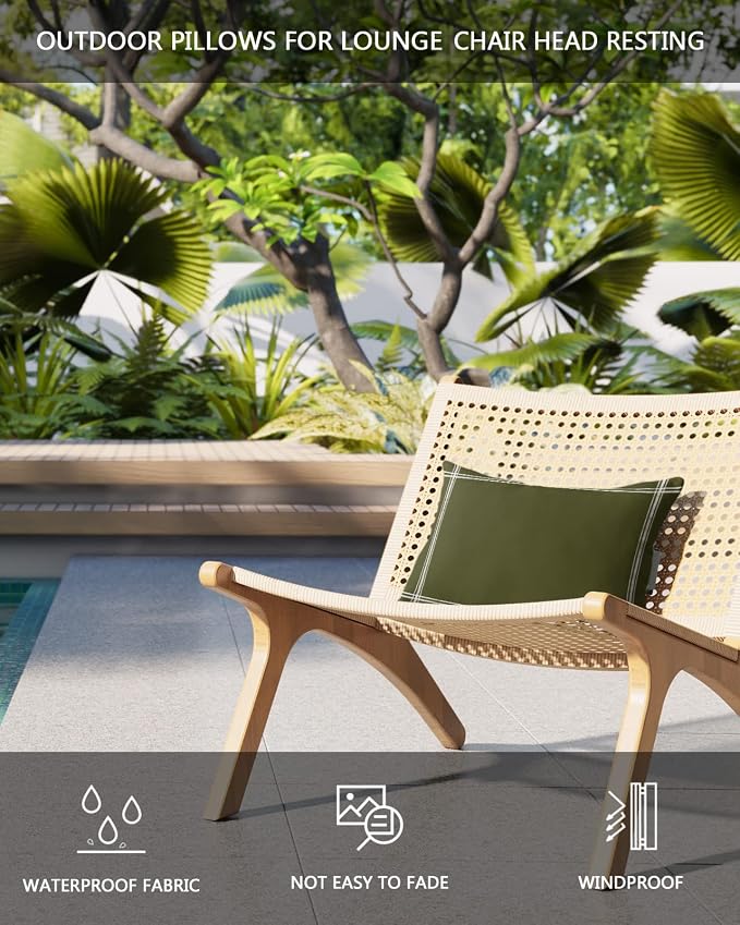 Outdoor Pillows Covers with Inserts Solid Color Dark Olive Green Waterproof Recliner Pillow with Adjustable Strap Throw Pillows for Patio Furniture Pool Lounge Chair, 11x16 inch, 1PCS