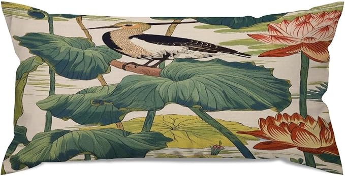 Set of 2 Chinese Pond Bird Decorative Throw Pillow Covers 12x24in Farmhouse Rectangle Accent Pillow Cases Cushion Cover Cases for Sofa Chair Bedroom Home Decor