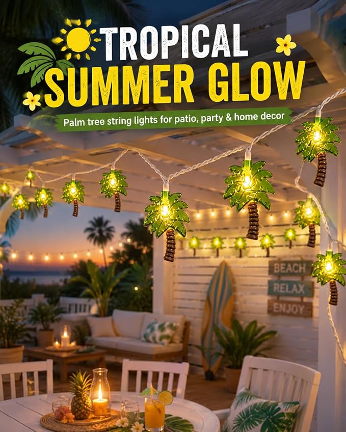 Palm Tree String Lights, Summer Patio String Lights with 10 Palm Tree Light | 8.5Ft Plug in Indoor Fairy Lights for Outdoor Indoor Beach Tropical Party Bedroom Birthday Decor, White Wire