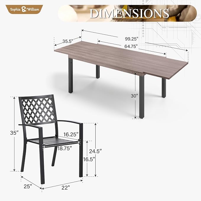 Sophia & William Patio Table and Chairs Set, Outdoor Dining Set for 8, 9 Piece Metal Patio Furniture, 99" Expandable Rectangular Table with Wood-Like Tabletop(Diamond)