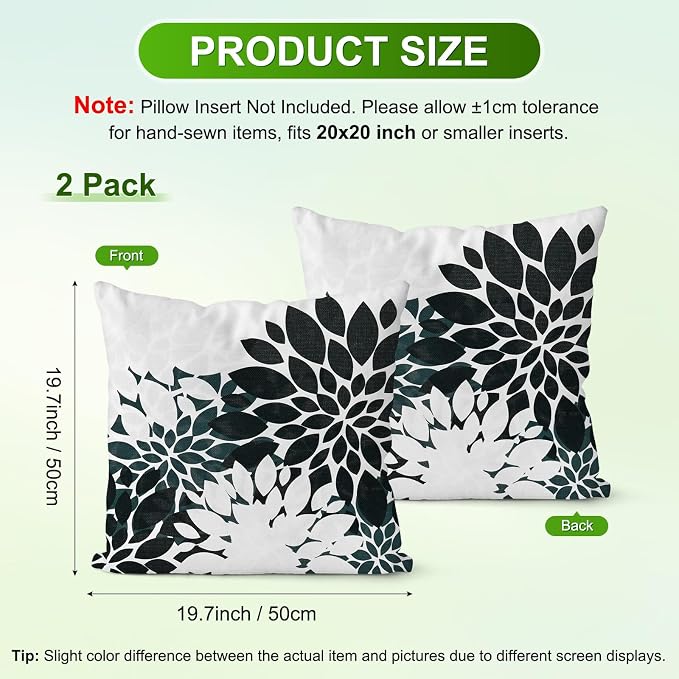M METERXITY 2-Pack Pillow Cover 20x20 Linen, Black White | Water Resistant Floral Decor Slipcover, for Patio, Balcony, Garden, Outdoor Pillow Case