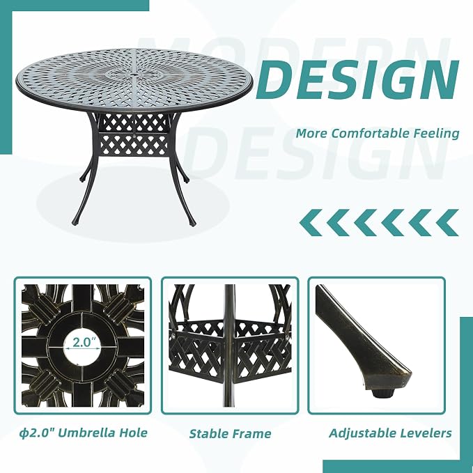 MEETWARM Outdoor 61" Round Patio Dining Table, All Weather Cast Aluminum Large Patio Furniture Table Fits for 6-8 Person with 2" Umbrella Hole, Dark Bronze