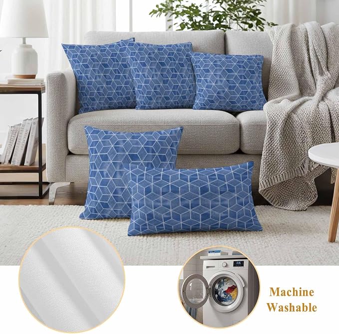 Blue Honeycomb Tiling Waterproof Outdoor Pillow Covers Set of 2 Home Decor, Wooden Grain Blocks Pillowcase Patio Pillow Covers for Couch Bench Patio Furniture Garden 24x24in