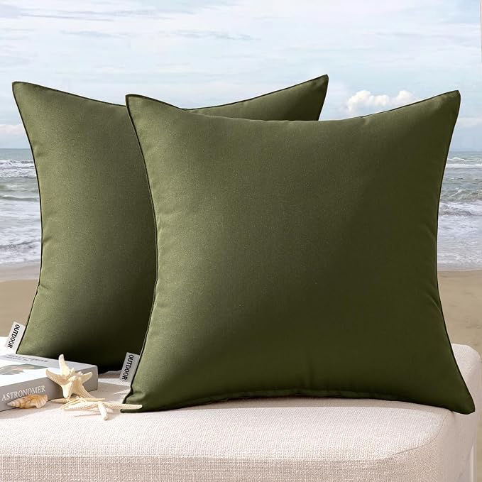MIULEE Decorative Outdoor Waterproof Pillow Covers 16x16 Olive | Decorative Patio Furniture,Pack of 2,Accent Square Soild Throw Pillow Covers,Summer Garden Tent Couch Sofa